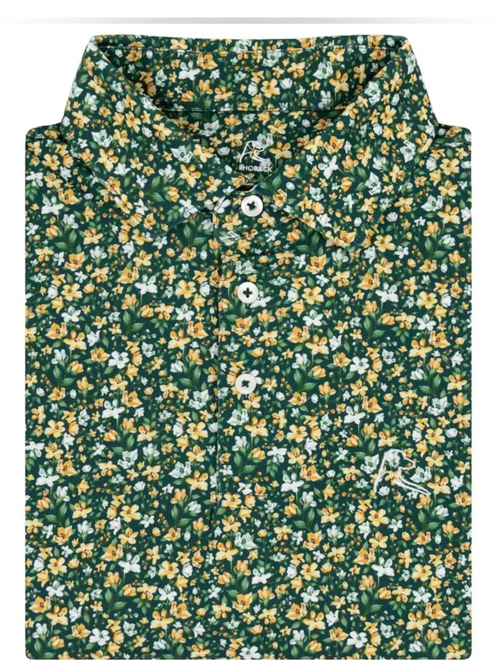 Rhoback Men’s Green Floral Polo Shirt with Yellow Accents Medium Golf